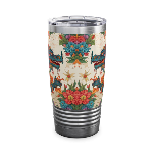 Dragon Tumbler | Japanese Flower Pattern Drink Companion | Floral Japan Insulated Travel Mug | Exercise Office College Road Trip Coffee Gift