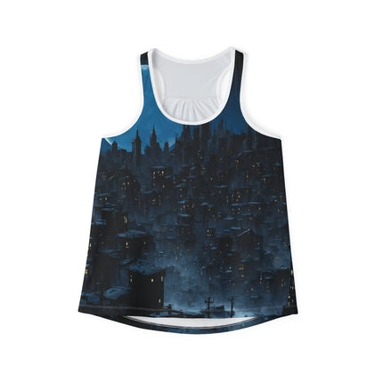 City Night Time Skyline Womens Tanks | Blue Moon Sky Sleeveless Top | Girls Weekend Bedtime Lounge Tank Shirt | Comfort Workout Relax Gift