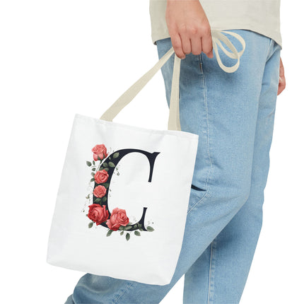 Custom Letter Personalized Tote | Rose Flowered Grocery Travel Bag | Floral Print Roses Office Laptop & Books or Exercise Overnight Carrier