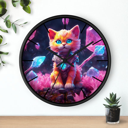 COSMIC CRYSTAL GUARDIAN CAT Wall Clock - Fantasy Feline Galaxy Decor