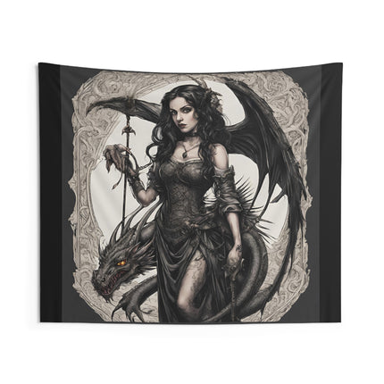 Evil Serpent Dragon Tapestry, Gorgeous Beast Wall Hanging, Winged Morphing Gothic Woman, Medieval Keeper Shapeshifter Tapestry