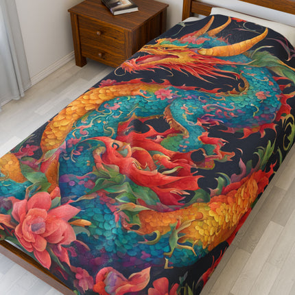 FLOWERED JAPANESE DRAGON BLANKET - Floral Asian Art Plush Throw