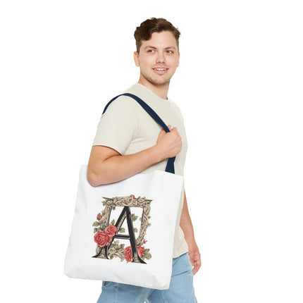 Custom Letter Personalized Tote | Rose Flowered Grocery Travel Bag | Floral Print Roses Office Laptop & Books or Exercise Overnight Carrier