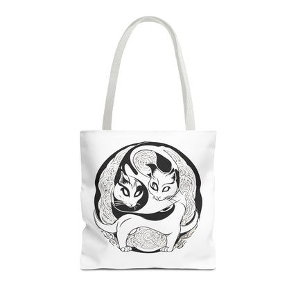 Cat Lovers Tote | Cats Yin Yang Style Grocery Bag | MEOW Chinese Print 2 Sided Office Carry All | School Supplies Kitten Carrier Tote