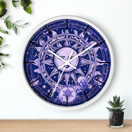 Amethyst Sun Wall Art Clock | Celestial Solstice Astronomy Wiccan Hanging | Moon & Constellations Home Office Solar System Pagan Decor Gift