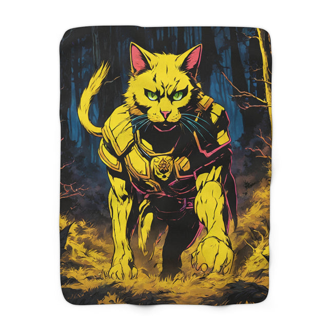 Warrior Cat Blanket, Neon Battle Cat, Plush Sherpa, Fierce Feline Fleece, Armored Kitty Bed Cover, Fantasy Couch Cover