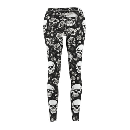 Women's Goth Skull and Roses Casual Leggings, Flowers and Bones Pattern Elastic Bottoms, Tight Macabre Bone Skeleton Pants