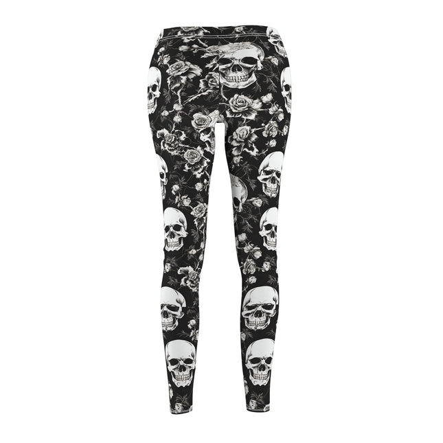 Women's Goth Skull and Roses Casual Leggings, Flowers and Bones Pattern Elastic Bottoms, Tight Macabre Bone Skeleton Pants