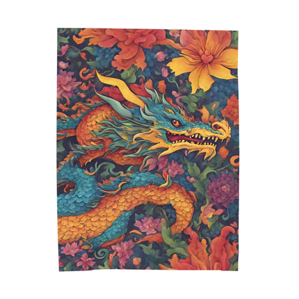 JAPANESE DRAGON FLOWER Blanket - Floral Asian Serpent Art Plush Throw