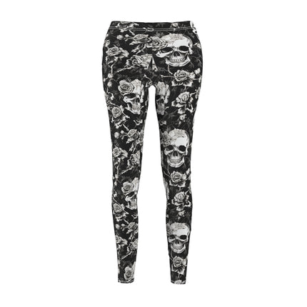 Women's Goth Skull and Roses Casual Leggings, Flowers and Bones Pattern Elastic Bottoms, Tight Macabre Bone Skeleton Pants