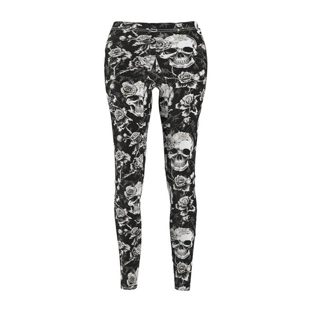 Women's Goth Skull and Roses Casual Leggings, Flowers and Bones Pattern Elastic Bottoms, Tight Macabre Bone Skeleton Pants