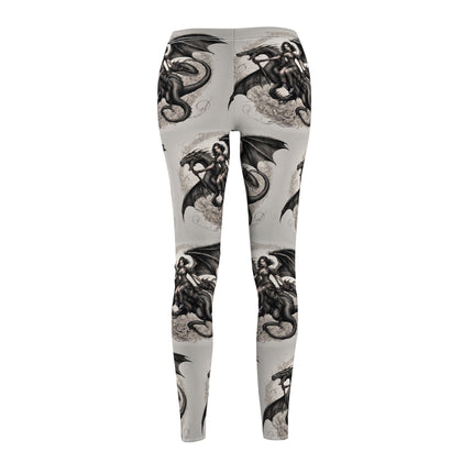 Women's Goth Medieval Dragon Casual Leggings, Reptile Riding Beauty Elastic Bottoms, Tight Black and Beige Cream Pants