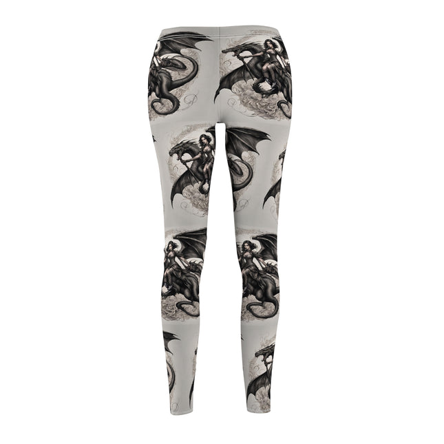 Women's Goth Medieval Dragon Casual Leggings, Reptile Riding Beauty Elastic Bottoms, Tight Black and Beige Cream Pants