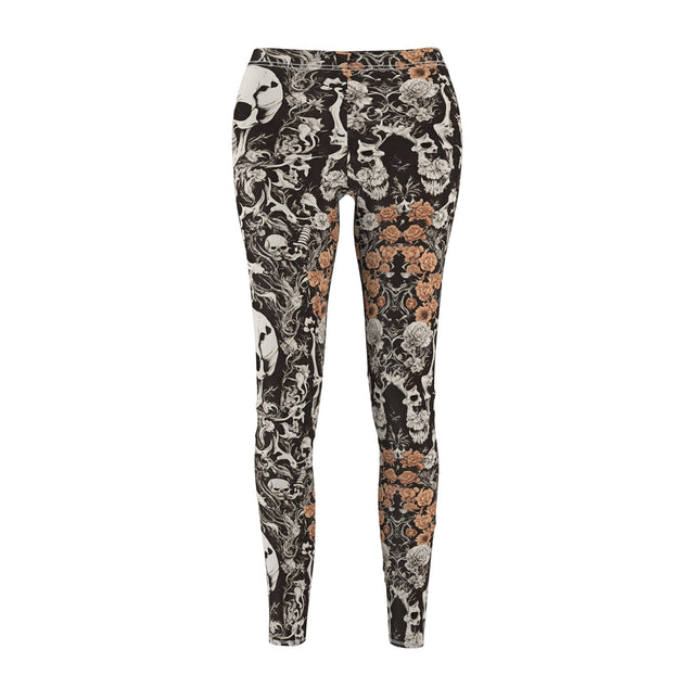 Women's Goth Skull and Carnations Casual Leggings, Flowers and Bones Pattern Elastic Bottoms, Tight Macabre Bone Skeleton Pants