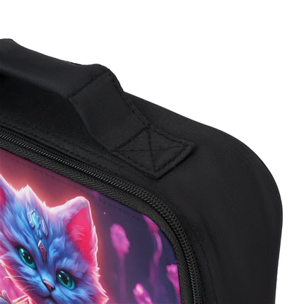 Neon Violet Fur Warrior Cat Lunch Bag Box, Girls Lush Crystal Gem Field Feline School Tote, Armored Cosmic Furry Kitten Insulated Food Bag