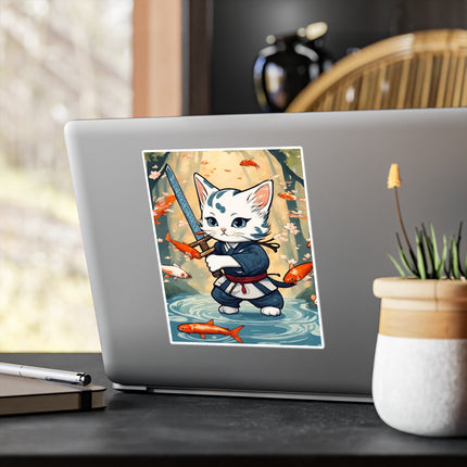 Samurai Warrior Cat Stickers, Floating Koi Fish Sword Kitten Vinyl Decals, Japanese Ninja Feline River Bed Satin Stickers
