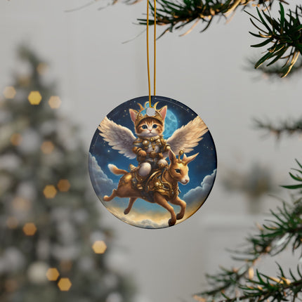 PERSONALIZED Flying Fantasy Christmas Winged Cat and Mechanical Reindeer Ornament