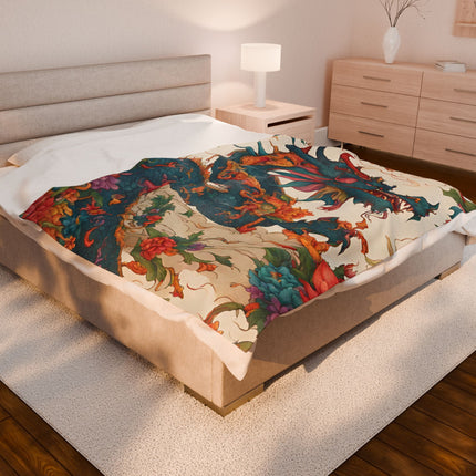 FLORAL JAPANESE DRAGON Blanket - Asian Flower Serpent Plush Throw