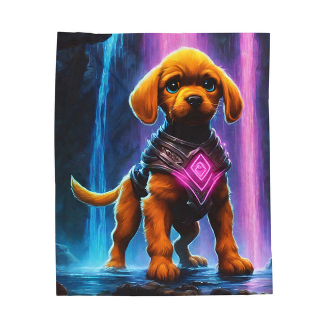 COSMIC NEON ARMORED WARRIOR PUPPY Blanket - Glowing Waterfall Cave Dog Plush Bed Cover