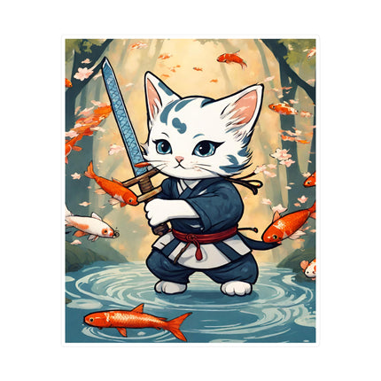 Samurai Warrior Cat Stickers, Floating Koi Fish Sword Kitten Vinyl Decals, Japanese Ninja Feline River Bed Satin Stickers