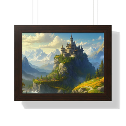 Video Game Fantasy Castle, RPG Valley Framed Poster, Mountain Nature Scene Picture, Open World Style Wall Hanging, Gamer Office Scenery