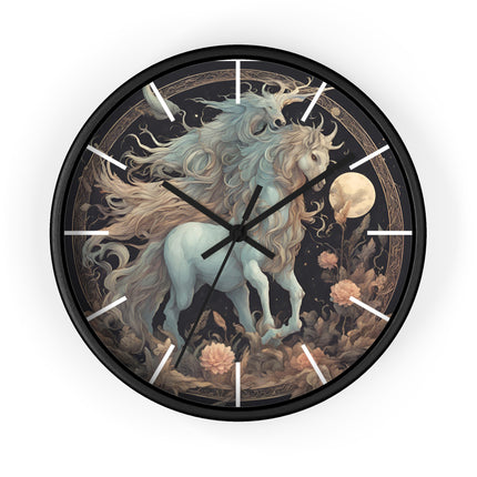 Majestic Myths Art Clock | Floral Flower Night Field Horned Horse Wall Hanging | Mystical Moon Fantasy Home Office Decor Gift