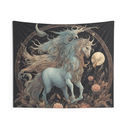 Majestic Myths Wall Art Decor | Horned Lion Mane Horse Tapestry | Flower Night Moon Fantasy Game Room Hanging | Mythological Bed Room Gift