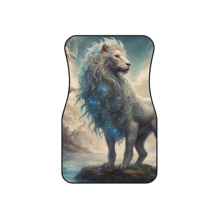 Majestic Myths Car Mats (Set of 4) | Mythological White Lion Automobile Accessories | Front & Rear Blue Sparkling Mane Floor Auto Truck Gift