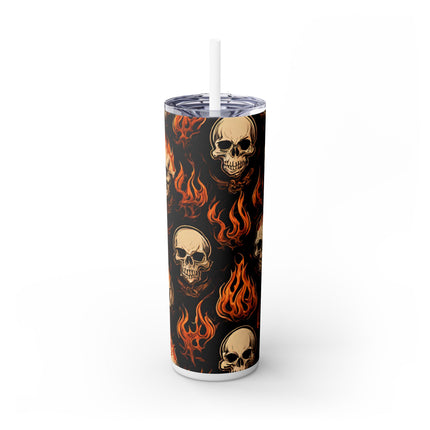 FIRE FLAMES AND SKULLS Skinny Tumbler - Skeleton Biker Motorcycle Insulated Cup