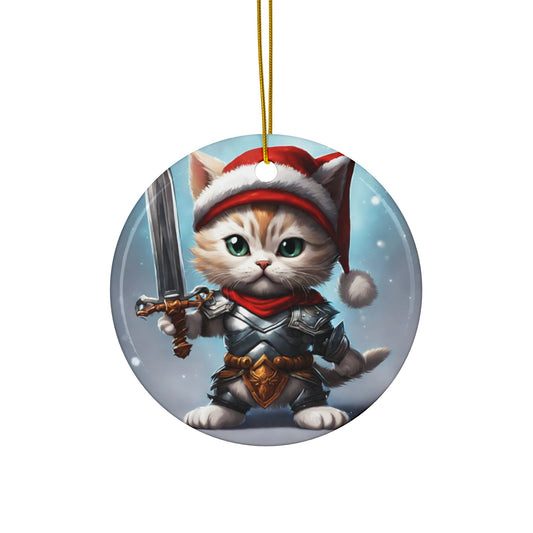 Kitten Christmas Ornament, Holiday Tree Decoration, Adorable Cat Gift, Round Ceramic Keepsake, KITTEN WARRIOR