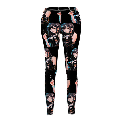 Cigarette Smoking Anime Girl Leggings, Black Tight Leather Outfit Sexy Cute Elastic Pants, Japan Cartoon Secret Agent Style Womens Bottoms