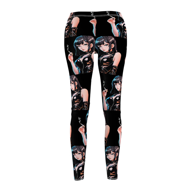 Cigarette Smoking Anime Girl Leggings, Black Tight Leather Outfit Sexy Cute Elastic Pants, Japan Cartoon Secret Agent Style Womens Bottoms
