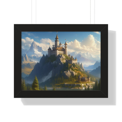 Video Game Fantasy Castle, RPG Valley Framed Poster, Mountain Nature Scene Picture, Open World Style Wall Hanging, Gamer Office Scenery