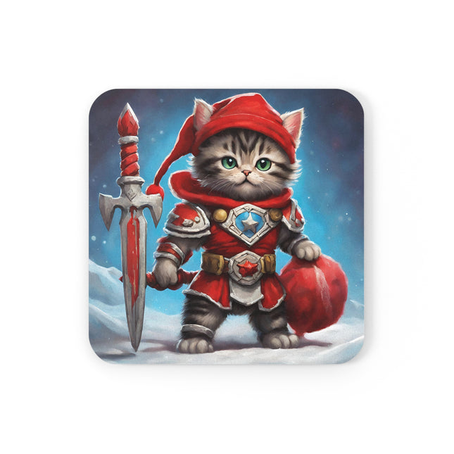 Christmas Drink Coaster Kitten Drink Holder Santa Warrior Kitten Snow Sled Cat Lover Cork Coaster