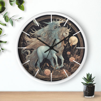 Majestic Myths Art Clock | Floral Flower Night Field Horned Horse Wall Hanging | Mystical Moon Fantasy Home Office Decor Gift