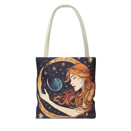 Moon Shaping Goddess Tote | Lunar Stars & Space Astronomy Grocery Bag | Woman Morphing Home Office Laptop Clothing Travel Overnight Gift