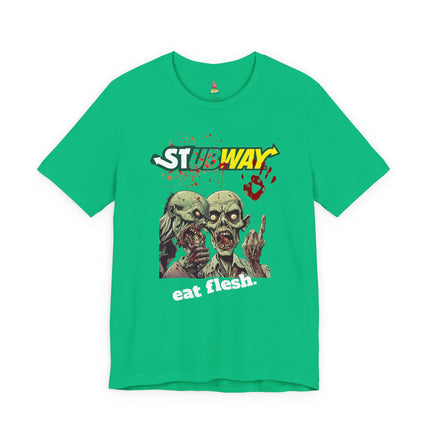 STUBWAY EAT FLESH Zombie Eating T-Shirt - Funny Subway Parody Horror Tee