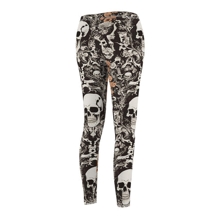 Women's Goth Skull and Carnations Casual Leggings, Flowers and Bones Pattern Elastic Bottoms, Tight Macabre Bone Skeleton Pants