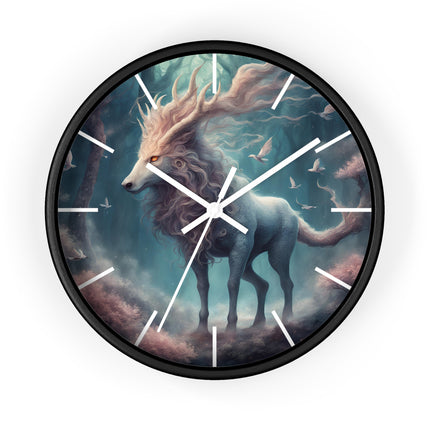 Majestic Myths Art Clock | Floral Flower Forest Horned Horse Wall Hanging | Mystical Maned Goat Fantasy Home Office Decor Gift