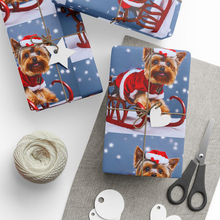 Dog Christmas Wrapping Paper Yorkshire Terrier, Santa Suit and Sled Yorkie Gift Wrap, Holiday Gift Wrap Roll