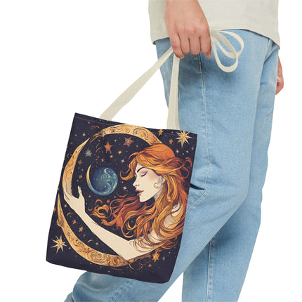 Moon Shaping Goddess Tote | Lunar Stars & Space Astronomy Grocery Bag | Woman Morphing Home Office Laptop Clothing Travel Overnight Gift