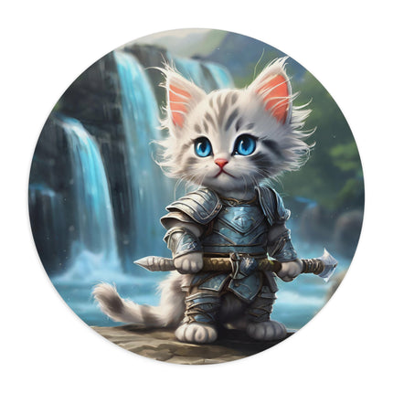 Warrior Cat Mouse Pad, Waterfall Kitten, Armored Fighter Kitty, Sword Battling Feline