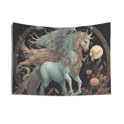 Majestic Myths Wall Art Decor | Horned Lion Mane Horse Tapestry | Flower Night Moon Fantasy Game Room Hanging | Mythological Bed Room Gift