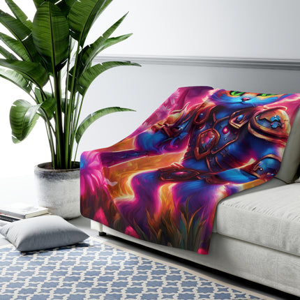 Neon Glowing Warrior Cat Blanket, Lush Flower Field Feline, Armored Kitten with Sword Plush Fleece Couch Sherpa, Kids Night Time Bed Cover