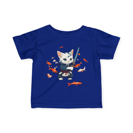 Samurai Kitten Infant Gift Shirt, Warrior Cat Japanese Koi Fish Tee, Cute Kitty Floating Mystical Fish Short Sleeve Baby Tshirt
