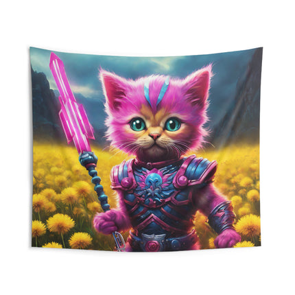 Warrior Cat Dandelion Art Tapestry, Pink Armored Kitten Neon Spear Wall Hanging, Yellow Flower Field Mystical Bed & Game Room Gift