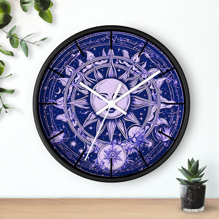 Amethyst Sun Wall Art Clock | Celestial Solstice Astronomy Wiccan Hanging | Moon & Constellations Home Office Solar System Pagan Decor Gift