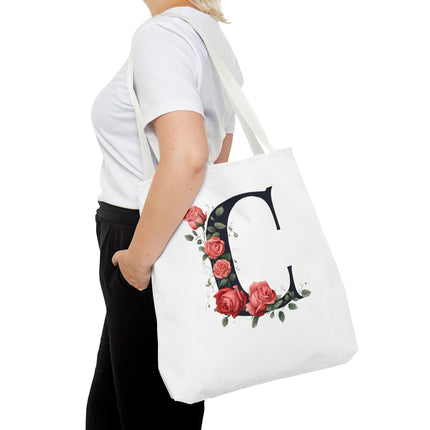 Custom Letter Personalized Tote | Rose Flowered Grocery Travel Bag | Floral Print Roses Office Laptop & Books or Exercise Overnight Carrier