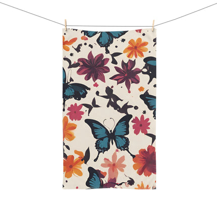 Floral Butterfly Hand Towel | Flower Pattern Flying Insect Decor | Bathroom Accent Drying Cloth | Spring & Summer Flutter Fly Polyester Gift