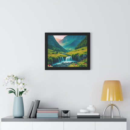 Beautiful Mountain Valley Framed Poster, Waterfall Nature Scene Picture, Flower Blossom Spring Wall Hanging, Flowing River Office Scenery